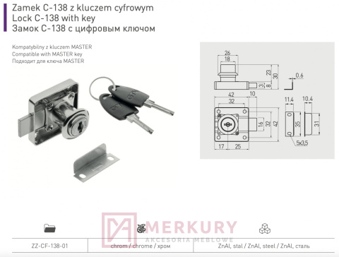 Zamek do drzwi z kluczem cyfrowym C-138, kwadratowy, GTV, sklep internetowy MERKURY Akcesoria Meblowe Mariusz Adamczyk