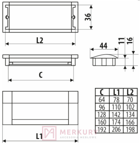 Uchwyt meblowy wpuszczany UA08, aluminium mat, GAMET, sklep internetowy MERKURY Akcesoria Meblowe Mariusz Adamczyk