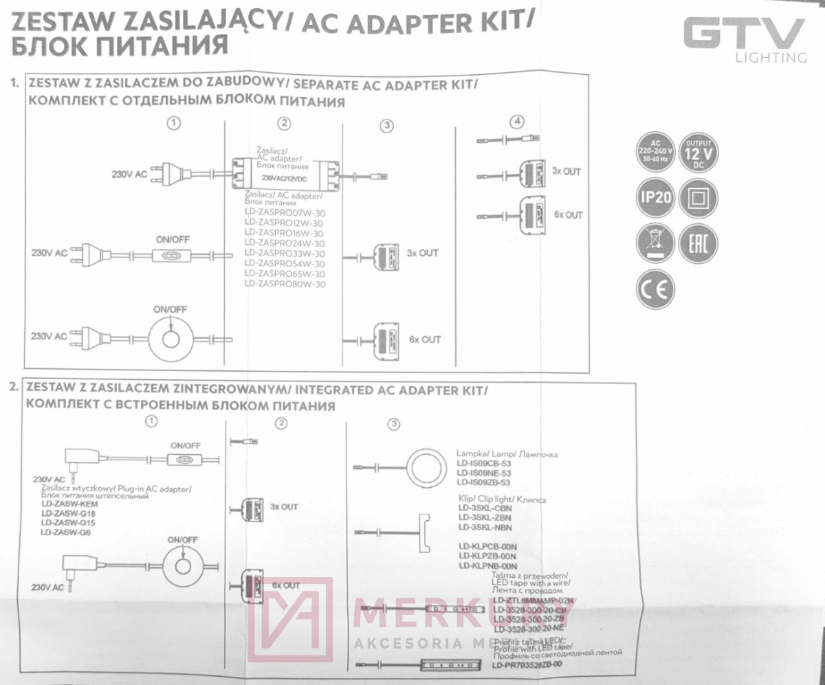 LD-ZZAS16PROKD6 Zestaw zasilający taśmy LED zasilacz 12V DC 16W IP20