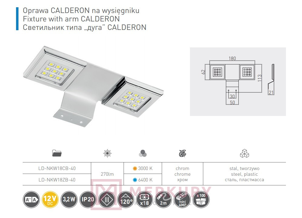Oprawa meblowa LED CALDERON, 3,2W, 12V DC, zimny biały, chrom połysk sklep internetowy izdebnik merkury akcesoria meblowe