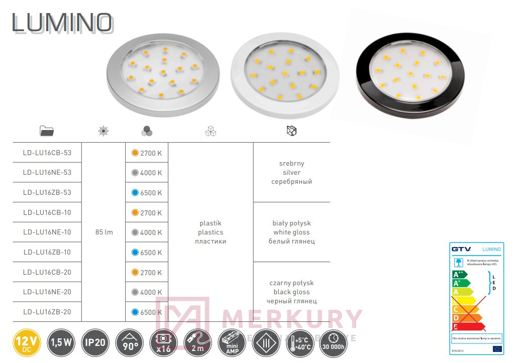 Oprawa meblowa LED LUMINO 1,5W, zimny biały, czarny