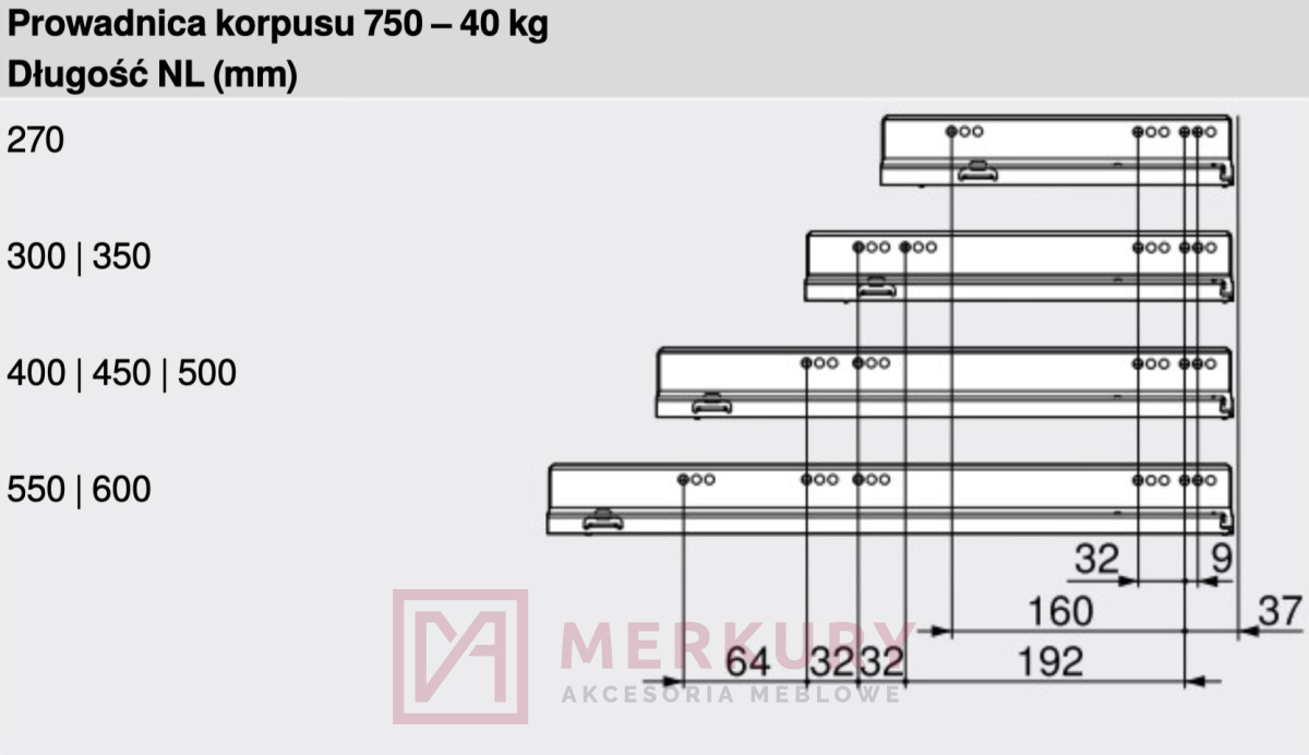 Prowadnica LEGRABOX z BLUMOTION BLUM 750.5501S, 550mm, 40kg SKLEP INTERNETOWY MERKURY AKCESORIA MEBLOWE