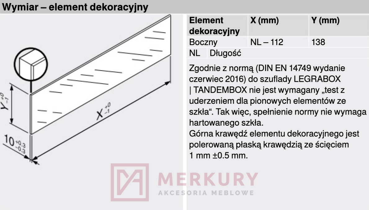 Element dekoracyjny do LEGRABOX BLUM ZE7S338G, szklany, L-450mm SKLEP INTERNETOWY MERKURY AKCESORIA MEBLOWE