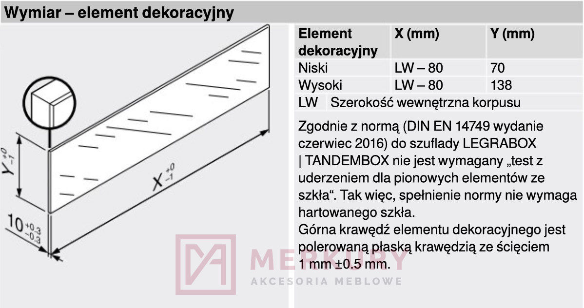 Element dekoracyjny frontu do LEGRABOX BLUM ZE7V1082G, szklany, L=1082mm, H-70mm SKLEP INTERNETOWY MERKURY AKCESORIA MEBLOWE