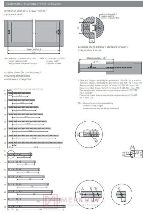 Prowadnica kulkowa H-17, 214mm SKLEP INTERNETOWY MERKURY AKCESORIA MEBLOWE MARIUSZ ADAMCZYK