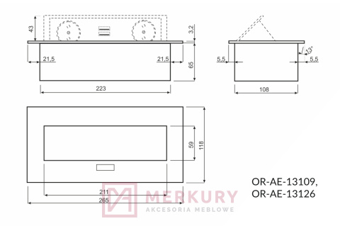 Przedłużacz biurkowy wpuszczany AE-13126, 2 gniazda z uziemieniem, 2xUSB, srebrny SKLEP INTERNETOWY MERKURY AKCESORIA MEBLOWE