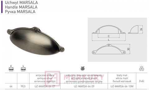 Uchwyt meblowy muszelka MARSALA złoty mat 64mm MERKURY Akcesoria Meblowe