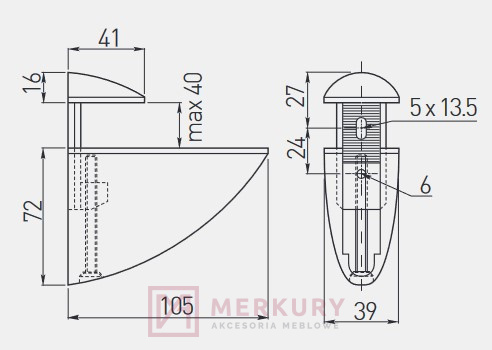 Podpórka do półek pelikan PP-DPO150-05 aluminium mat MERKURY Akcesoria Meblowe