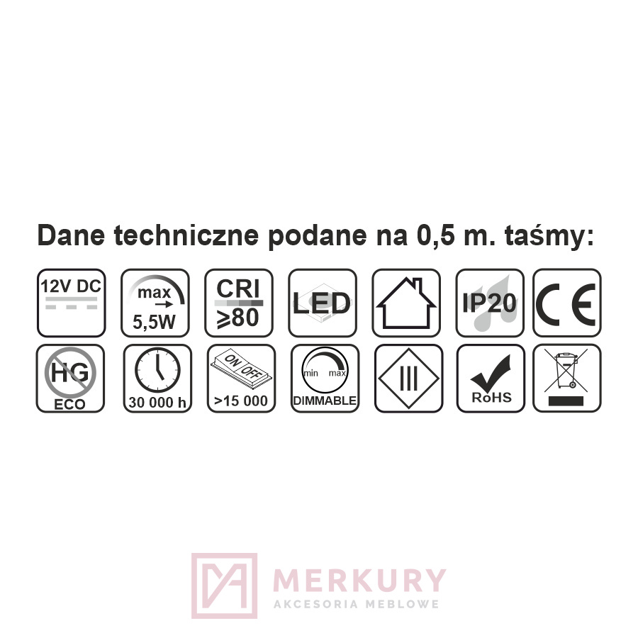 Taśma LED PREMIUM 5mm 60LED/m 11W/m ciepły biały MERKURY Akcesoria Meblowe
