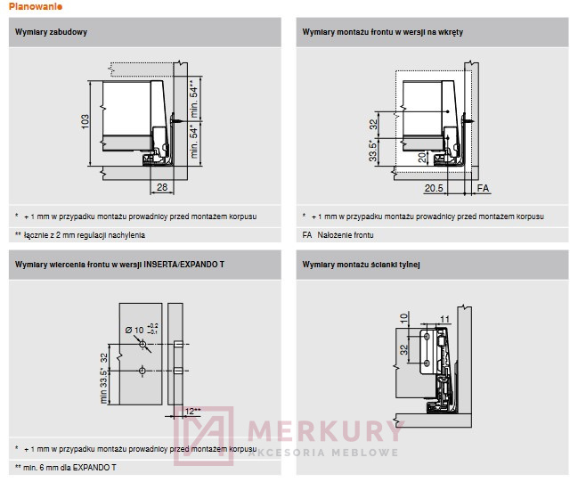 Prawy bok szuflady MERIVOBOX BLUM 470M4502S wys."M" biały 450mm MERKURY Akcesoria Meblowe