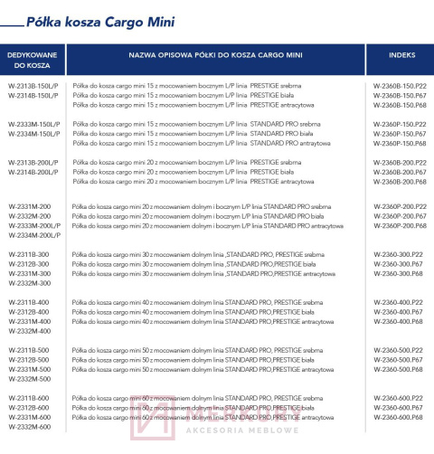 Półka do kosza cargo mini z mocowaniem dolnym W-2360-200, srebrny 200mm, MERKURY Akcesoria Meblowe
