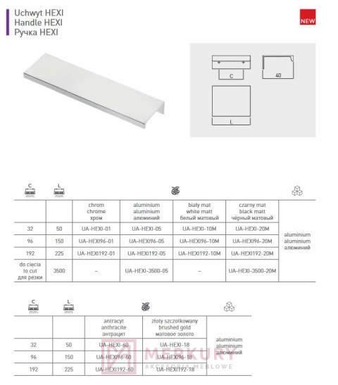 Uchwyt krawędziowy GTV HEXI chrom połysk 192/225mm MERKURY Akcesoria Meblowe