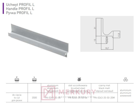 Uchwyt krawędziowy profil nabijany L aluminium mat 3,5m MERKURY Akcesoria Meblowe