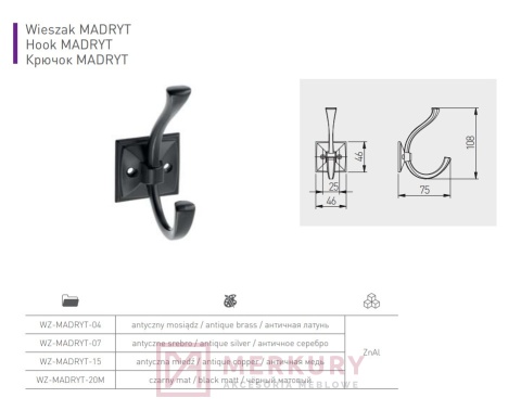 Wieszak meblowy GTV MADRYT stare srebro MERKUR Akcesoria Meblowe