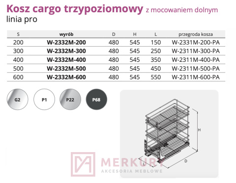 Kosz Cargo mini 3-poziomowy W-2332M, montaż dolny, antracyt, 600mm MERKURY Akcesoria Meblowe