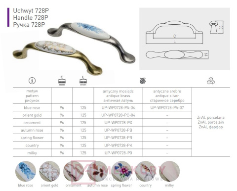 Uchwyt porcelanowy GTV 728P stare złoto porcelana autumn rose 96mm MERKURY Akcesoria Meblowe