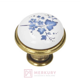 Gałka meblowa GP19 stare złoto porcelana biała z niebieskim kwiatkiem fi 29mm MERKURY Akcesoria Meblowe