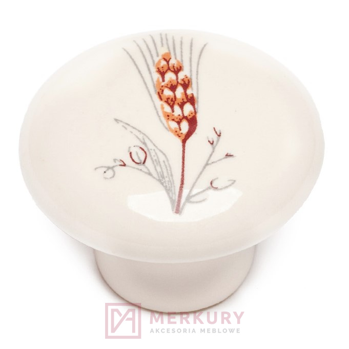 Gałka meblowa DG20, porcelana mleczna z kłosem, fi 37mm