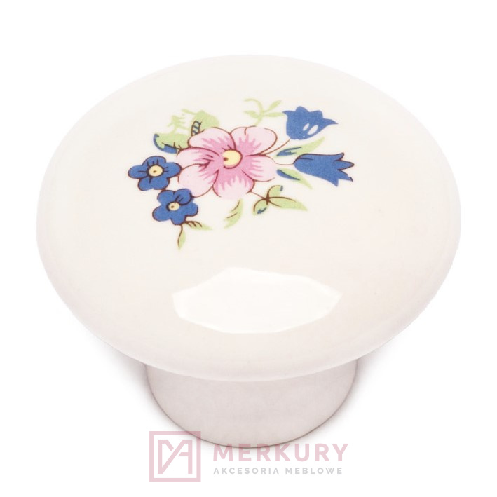Gałka meblowa DG20, porcelana mleczna z różowo-niebieskim kwiatem, fi 37mm