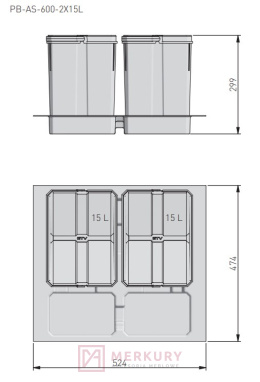 Kosz do segregacji AXISPACE do szafki 60cm, 2x15L, antracyt MERKURY Akcesoria Meblowe