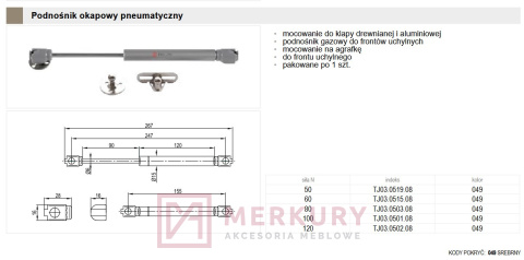 Podnośnik gazowy TJ03.0519.08.049 50N srebrny MERKURY Akcesoria Meblowe