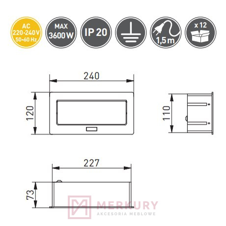 Gniazdo wpuszczane chowane w blat SOFTBOX 2 gniazda z uziemieniem 2 gniazda usb 2.1V gtv soft box przedłużacz