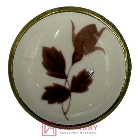 Gałka porcelanowa GP19 stare złoto porcelana mleczna z brązowym kwiatem fi 29mm MERKURY Akcesoria Meblowe
