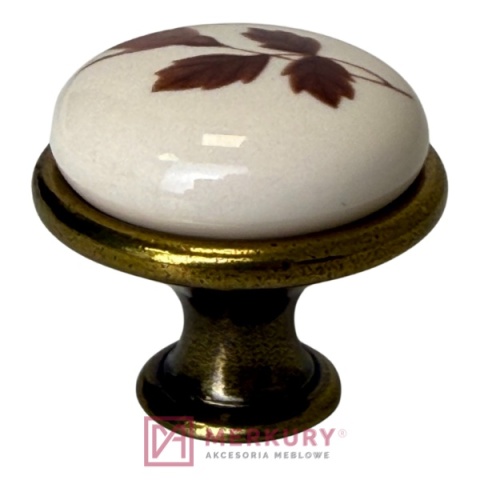 Gałka porcelanowa GP19 stare złoto porcelana mleczna z brązowym kwiatem fi 29mm MERKURY Akcesoria Meblowe