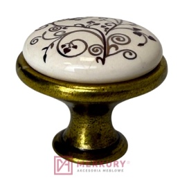 Gałka porcelanowa GP19 stare złoto porcelana mleczna z dekorem fi 29mm MERKURY Akcesoria Meblowe
