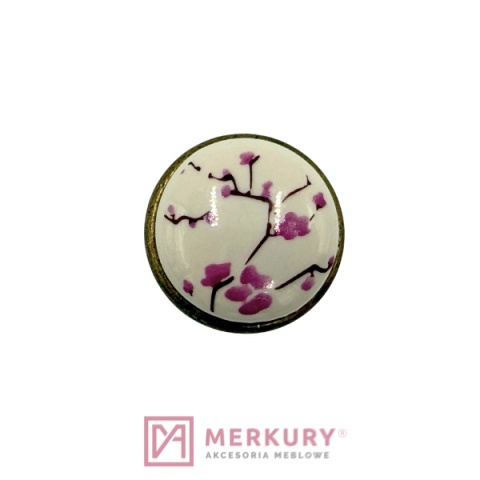 Gałka meblowa GP19 mleczna porcelana z różowym kwiatem stare złoto fi 29mm MERKURY Akcesoria Meblowe