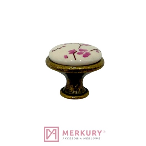 Gałka meblowa GP19 mleczna porcelana z różowym kwiatem stare złoto fi 29mm MERKURY Akcesoria Meblowe