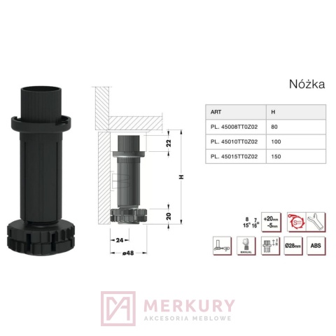 Stopka meblowa CAMAR SMILE H-100 bez główki – czarna / 300 kg
