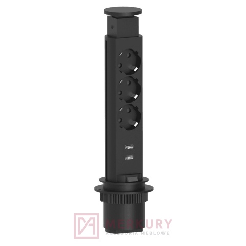 Przedłużacz biurkowy wpuszczany ELEKTRIMA TUBUS TR19 3x french 2x USB czarny MERKURY Akcesoria Meblowe