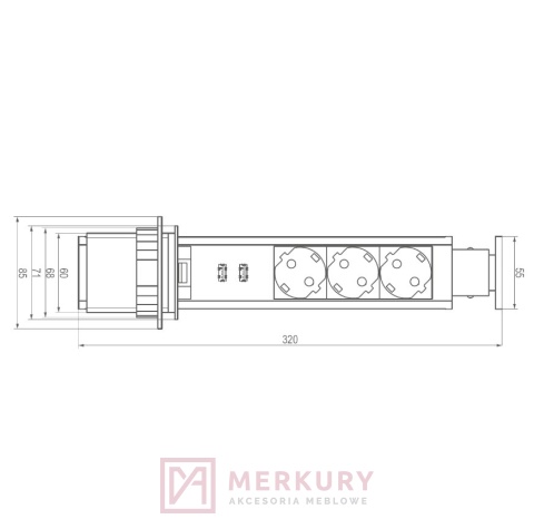 Przedłużacz biurkowy wpuszczany ELEKTRIMA TUBUS TR19 3x french 2x USB srebrny MERKURY Akcesoria Meblowe