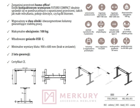 Stelaż biurka regulowany elektrycznie FUTURO Compact H=68,5-118cm czarny MERKURY Akcesoria Meblowe