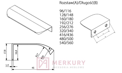 Uchwyt meblowy UA02 stal szczotkowana inox MERKURY Akcesoria Meblowe