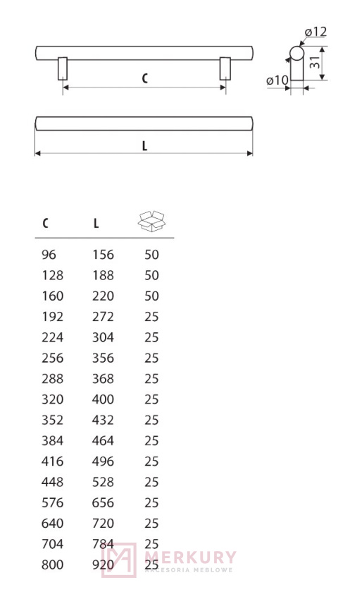 Uchwyt meblowy relingowy GAMET RE10  złoty satynowy 96/156mm MERKURY Akcesoria Meblowe