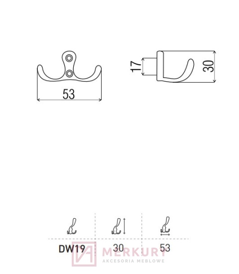 Wieszak meblowy DW19-A, chrom połysk MERKURY Akcesoria Meblowe Mariusz Adamczyk