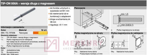 Odbojnik TIP-ON BLUM 956A1004 długi z magnesem, szary SKLEP INTERNETOWY MERKURY AKCESORIA MEBLOWE MARIUSZ ADAMCZYK