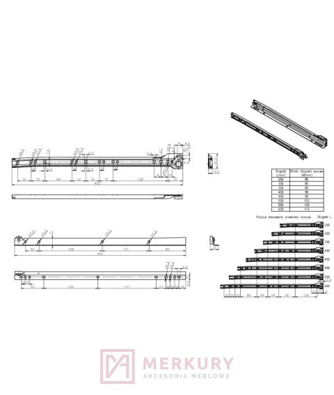 Prowadnica rolkowa GAMET, biały, 450mm