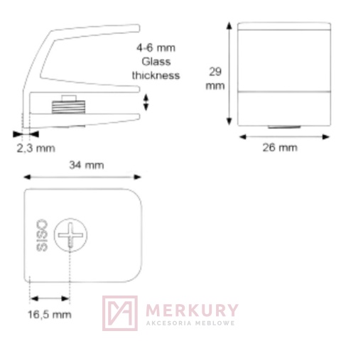 Uchwyt do szklanych drzwi, gablot SQUARE chrom MERKURY Akcesoria Meblowe