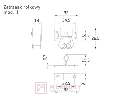 Zatrzask meblowy rolkowy do drzwi, żółty ocynk
