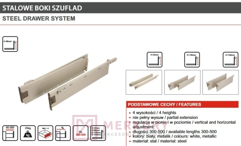 Bok szuflady GAMET SPR2118 400 mm – biały system szuflady metalowej
