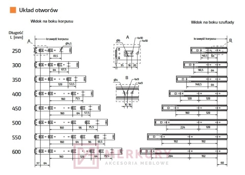Prowadnice kulkowe AMIX DB45 PUSH PERFECT 350 mm – pełny wysuw, PUSH TO OPEN (boczny montaż)