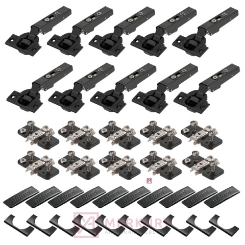 Zestaw 10x Zawias 71B3550 ONYX + Prowadnik 174H7100E + Zaślepka ONYX | Komplet do montażu frontów meblowych