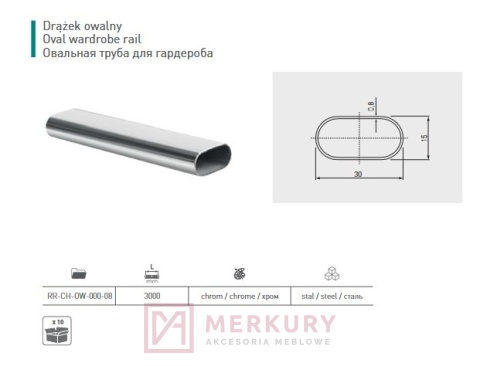 Drążek owalny ubraniowy rura do szafy 300 cm 3m, chrom połysk