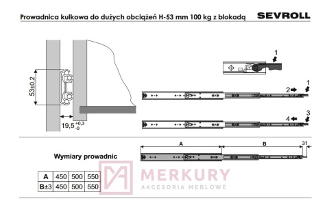 Prowadnica kulkowa H53, pełny wysuw, 450mm, 100kg