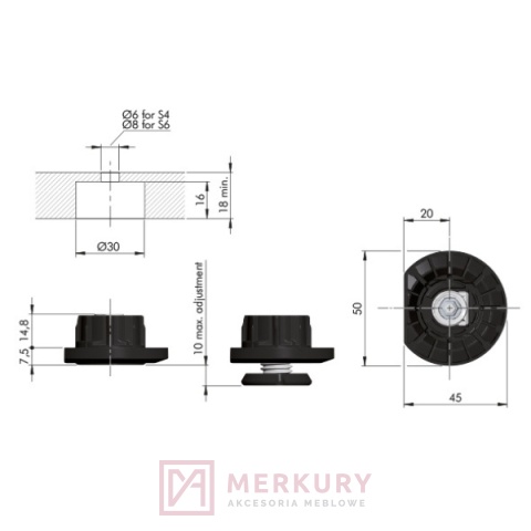 Regulator wysokości ITALIANA FERRAMENTA INTEGRATO TECH Z Ø30 regulacja 7–17 mm (kod producenta: 35070010EA)