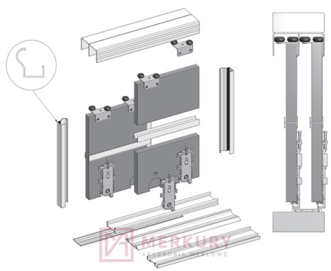 Zestaw system przesuwny EURO 5+,3 drzwi, aluminium, 3m MERKURY Akcesoria Meblowe
