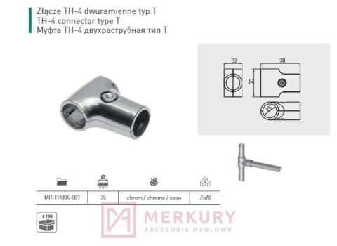Złącze typu T GTV MR-TH004-001-CH fi 25 mm, dwuramienne, chrom połysk